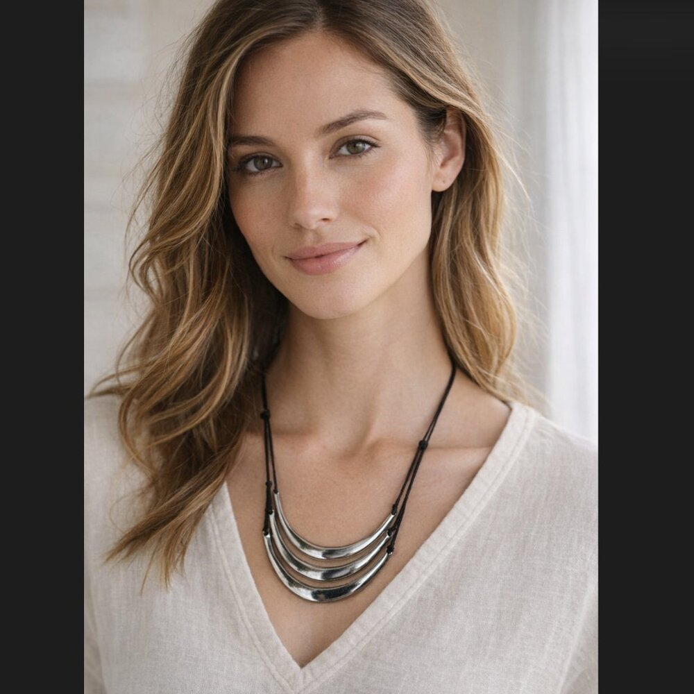 J. Jill Layered Crescent Necklace Silver Tone Curved Bar Adjustable Cord Modern